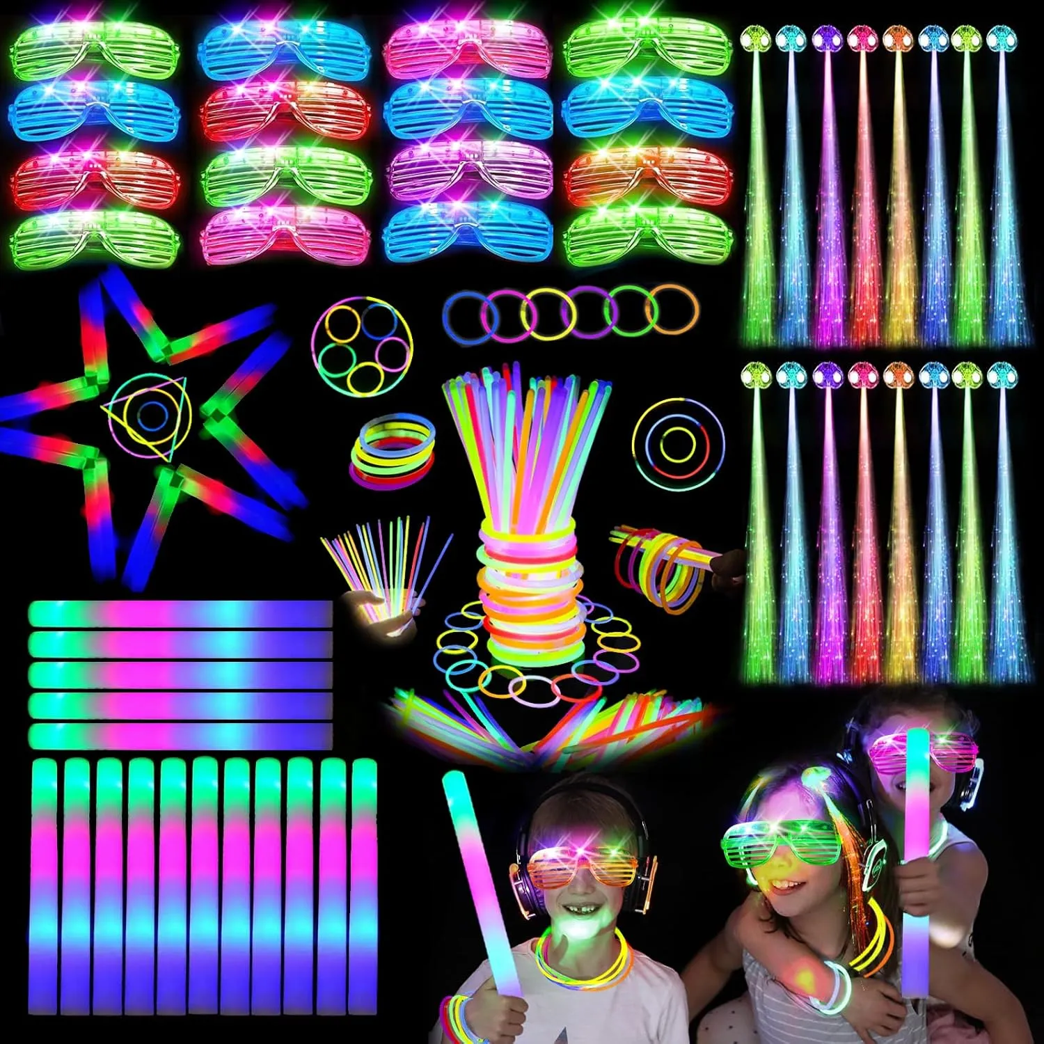 148 PCS Glow in the Dark Party Supplies, 16PCS Foam Glow Sticks, 16PCS LED Glasses,100PCS Glow Sticks Bracelets and 16Pcs LED Hair Clips Fiber Optic for Glow Party, New Year, Wedding, Concert