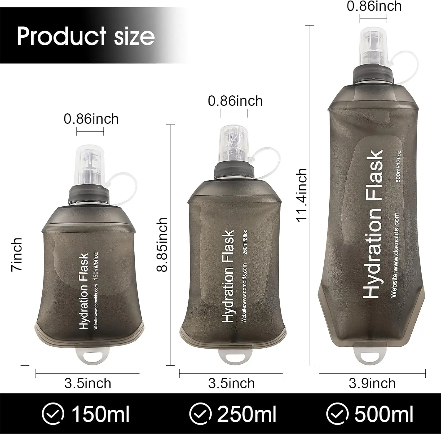150ml Soft Flask, TPU Collapsible Soft Water Bottle for Hydration Pack, Running Vest, Folding Water Bottle for Hiking Cycling Climbing-1Pcs, Grey