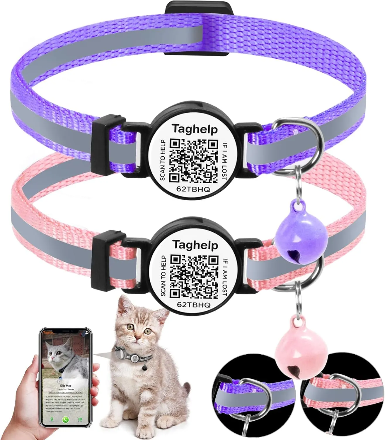 2 Pack Breakaway Cat Collars with Bells & Reflective Safety Design - Cute Kitten Collar with Smart QR Code ID Tag for Girl & Boy Cats (Purple, Pink)