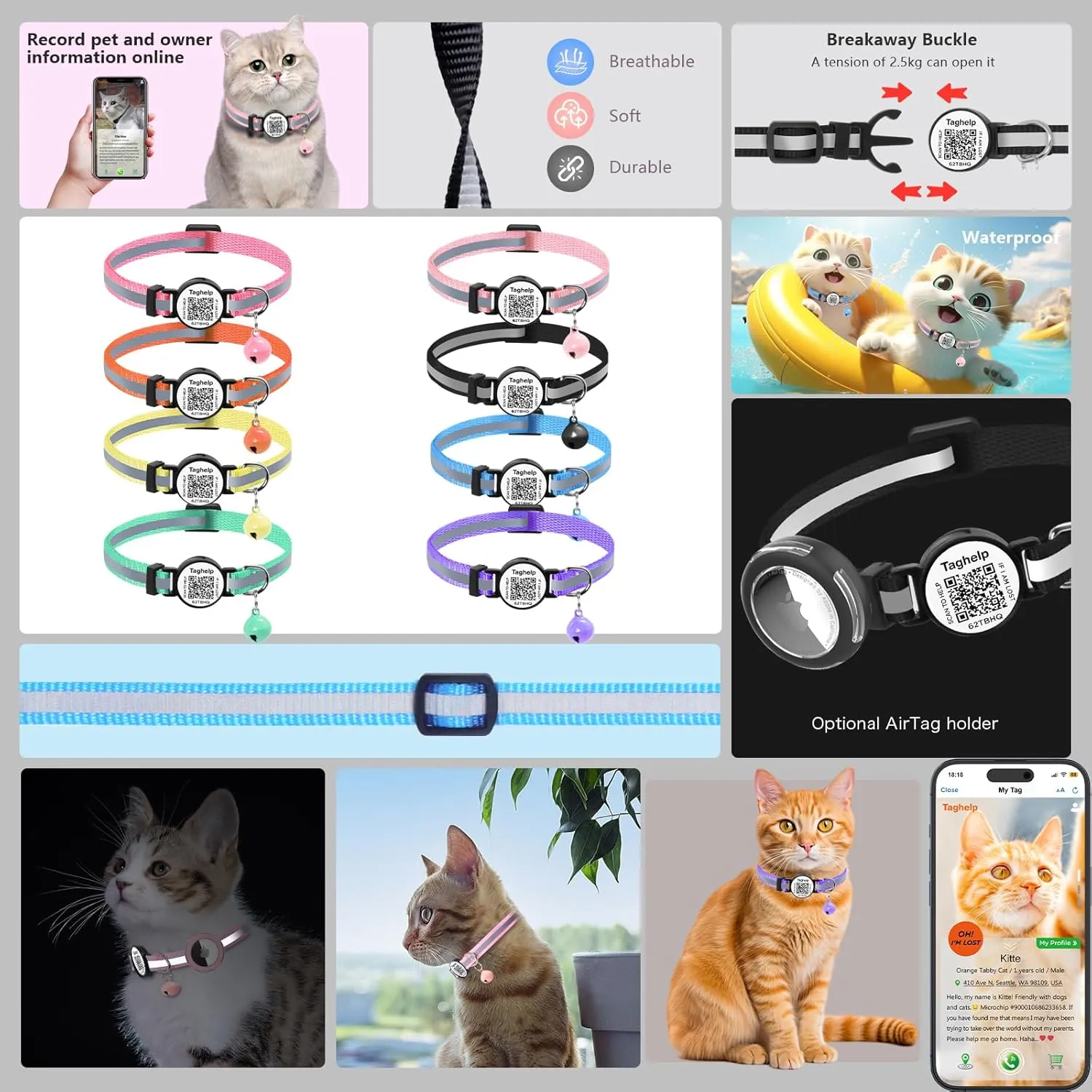 2 Pack Breakaway Cat Collars with Bells & Reflective Safety Design - Cute Kitten Collar with Smart QR Code ID Tag for Girl & Boy Cats (Purple, Pink)