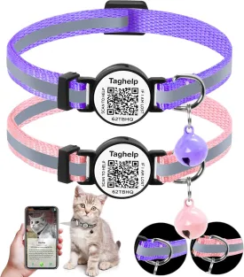 2 Pack Breakaway Cat Collars with Bells & Reflective Safety Design - Cute Kitten Collar with Smart QR Code ID Tag for Girl & Boy Cats (Purple, Pink)