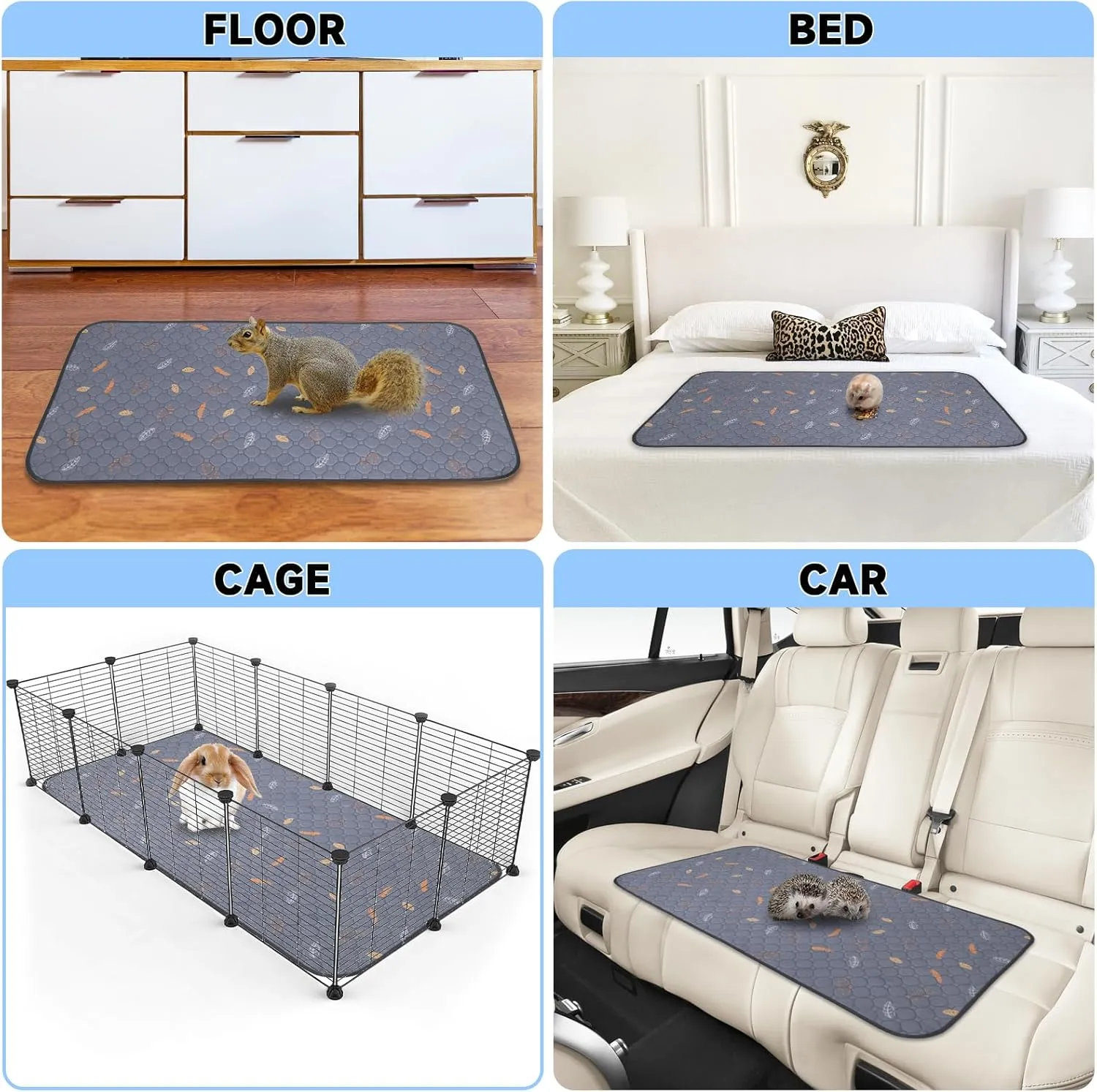 2 Pack Washable Guinea Pig Pee Pads, 24" x 48" Waterproof Reusable Guinea Pig Cage Liners, Absorbent Bedding Training Mat for Small Animal Guinea Pigs Rabbit Bunny Hamster (Leaves - Deep Grey)
