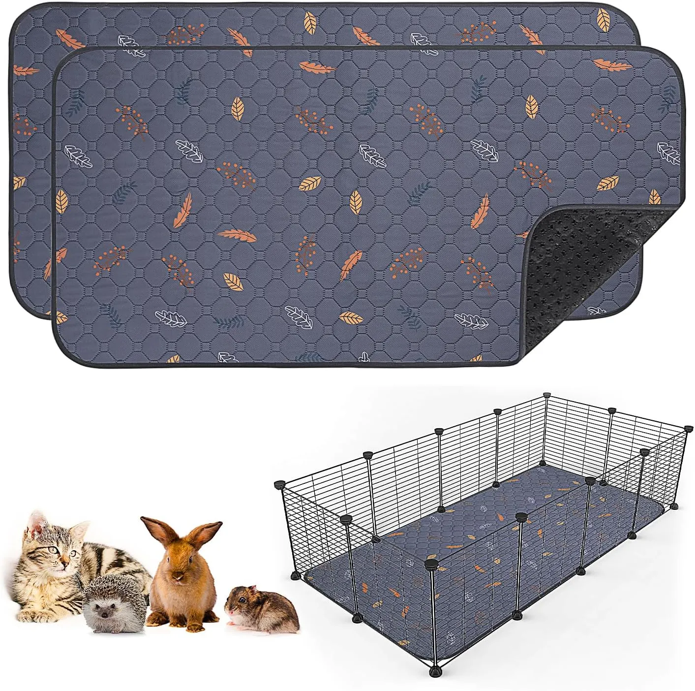2 Pack Washable Guinea Pig Pee Pads, 24" x 48" Waterproof Reusable Guinea Pig Cage Liners, Absorbent Bedding Training Mat for Small Animal Guinea Pigs Rabbit Bunny Hamster (Leaves - Deep Grey)