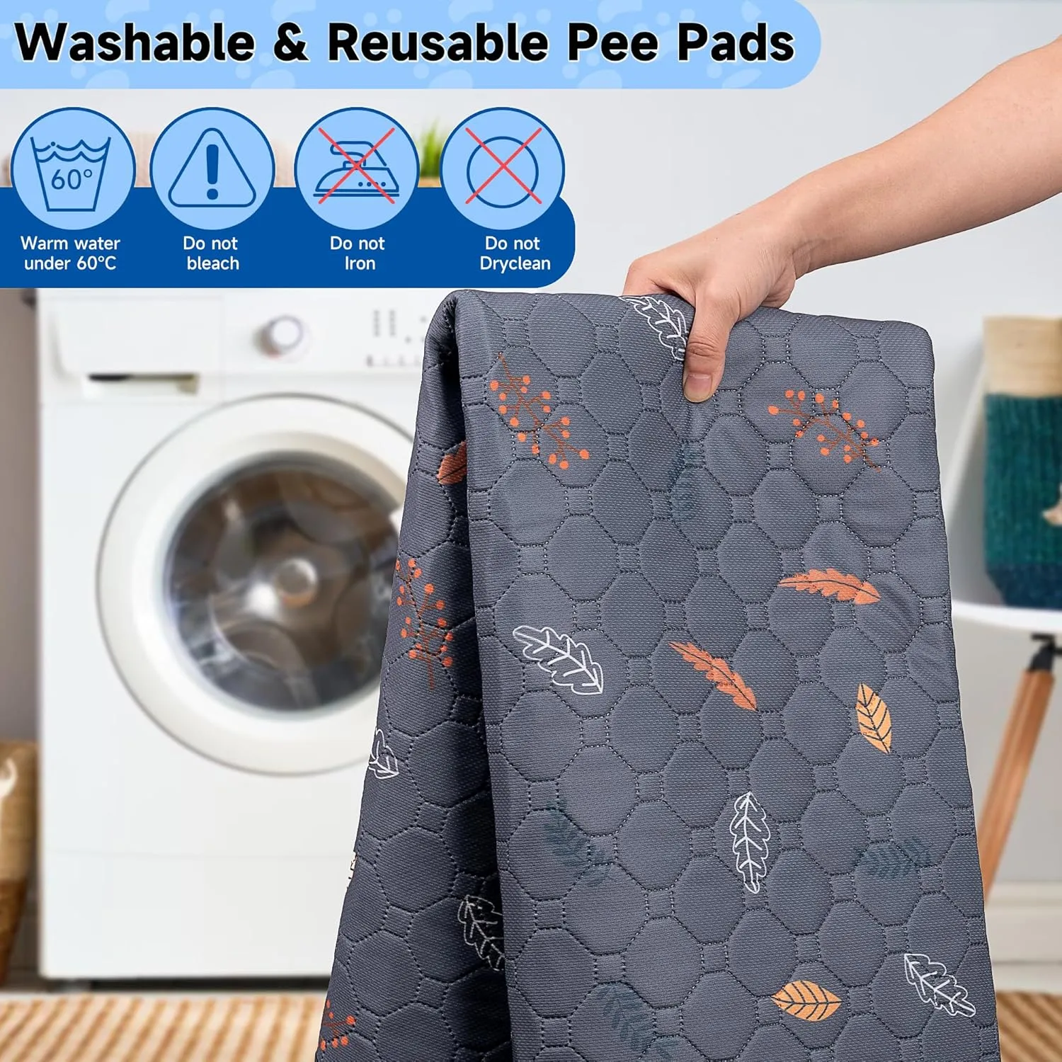 2 Pack Washable Guinea Pig Pee Pads, 24" x 48" Waterproof Reusable Guinea Pig Cage Liners, Absorbent Bedding Training Mat for Small Animal Guinea Pigs Rabbit Bunny Hamster (Leaves - Deep Grey)