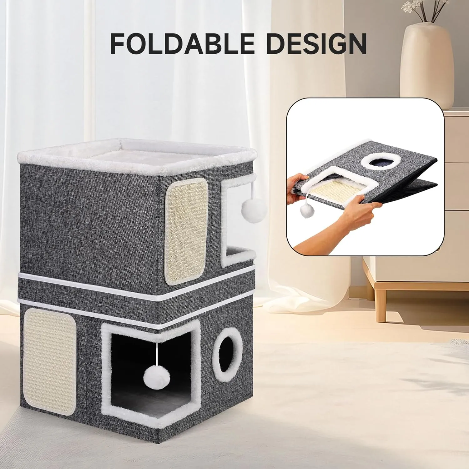 2-Storey Cat House for Indoor Cats, Separate Into 2 Large Cat Bed Cave with Hideaway Condos, Scratch Pads, Hanging Balls, Foldable Indoor Cat House Hold Up to 30LBS, Cat Cube for Multiple Cats Kitten