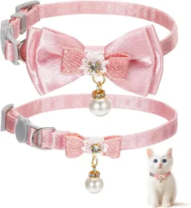 2Pack Adorable Cat Collar with Bow, Cute Kitten Collars for Girl Cats Pink Cat Bows & Accessories Breakaway Safety Cat Bowtie Collar(Style 1)
