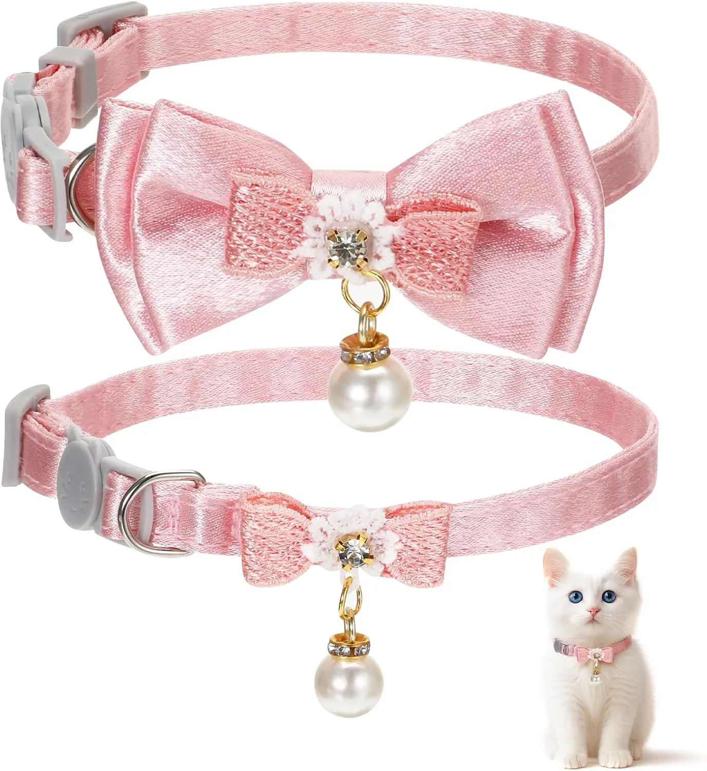 2Pack Adorable Cat Collar with Bow, Cute Kitten Collars for Girl Cats Pink Cat Bows & Accessories Breakaway Safety Cat Bowtie Collar(Style 1)