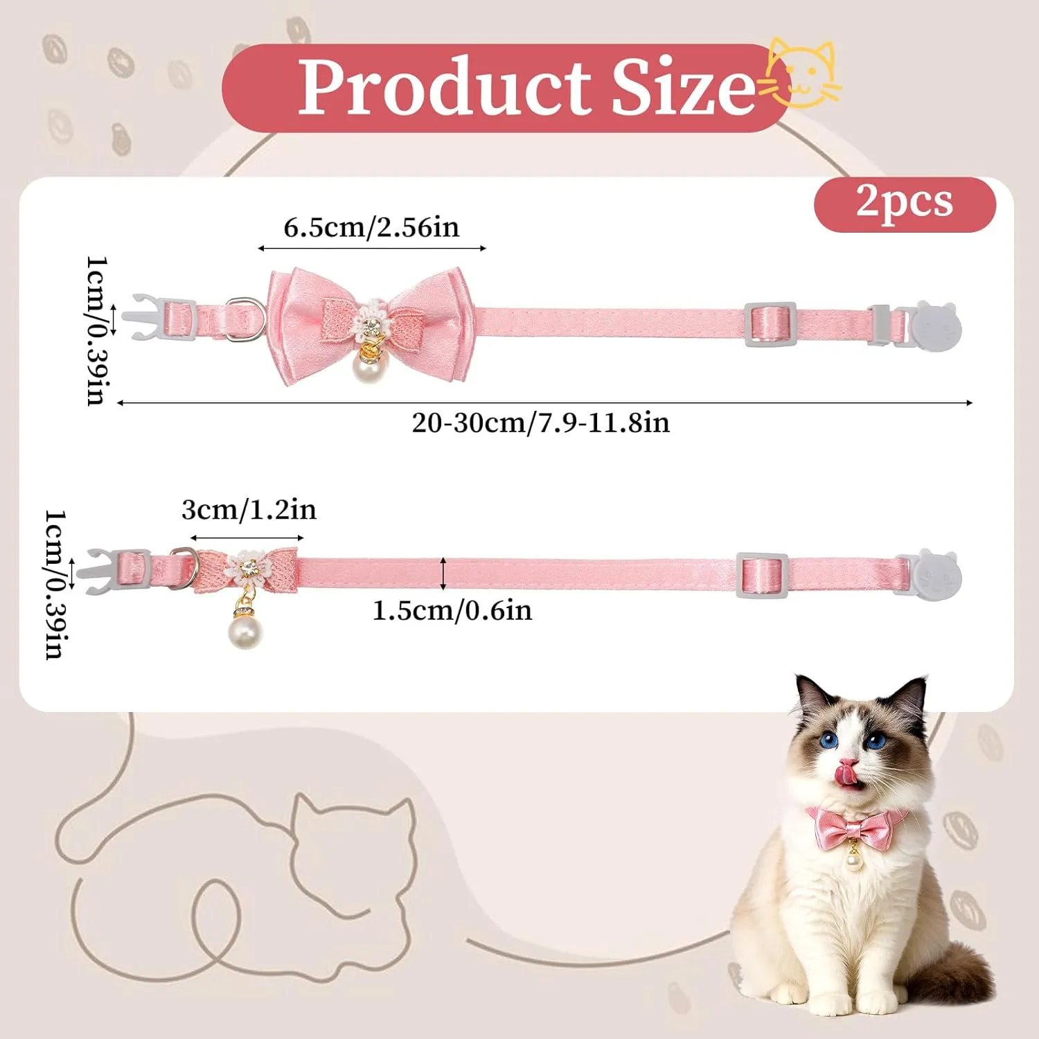 2Pack Adorable Cat Collar with Bow, Cute Kitten Collars for Girl Cats Pink Cat Bows & Accessories Breakaway Safety Cat Bowtie Collar(Style 1)
