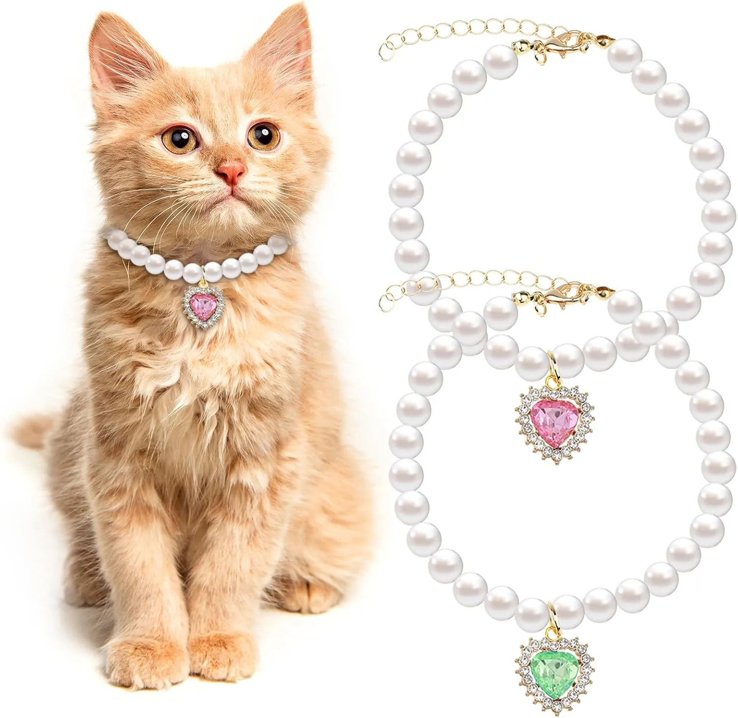 2PCS Kitten Collars Pearl Cat Dog Collar with Small Heart Shape Rhinestone, Cat Collars for Girl Cats, Adjustable Dog Pearl Necklace Collar for Small Dogs and Cats, Pink   Green