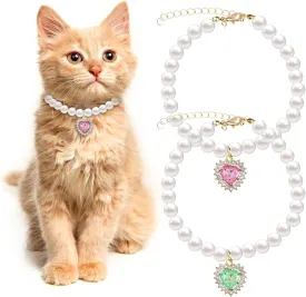2PCS Kitten Collars Pearl Cat Dog Collar with Small Heart Shape Rhinestone, Cat Collars for Girl Cats, Adjustable Dog Pearl Necklace Collar for Small Dogs and Cats, Pink   Green