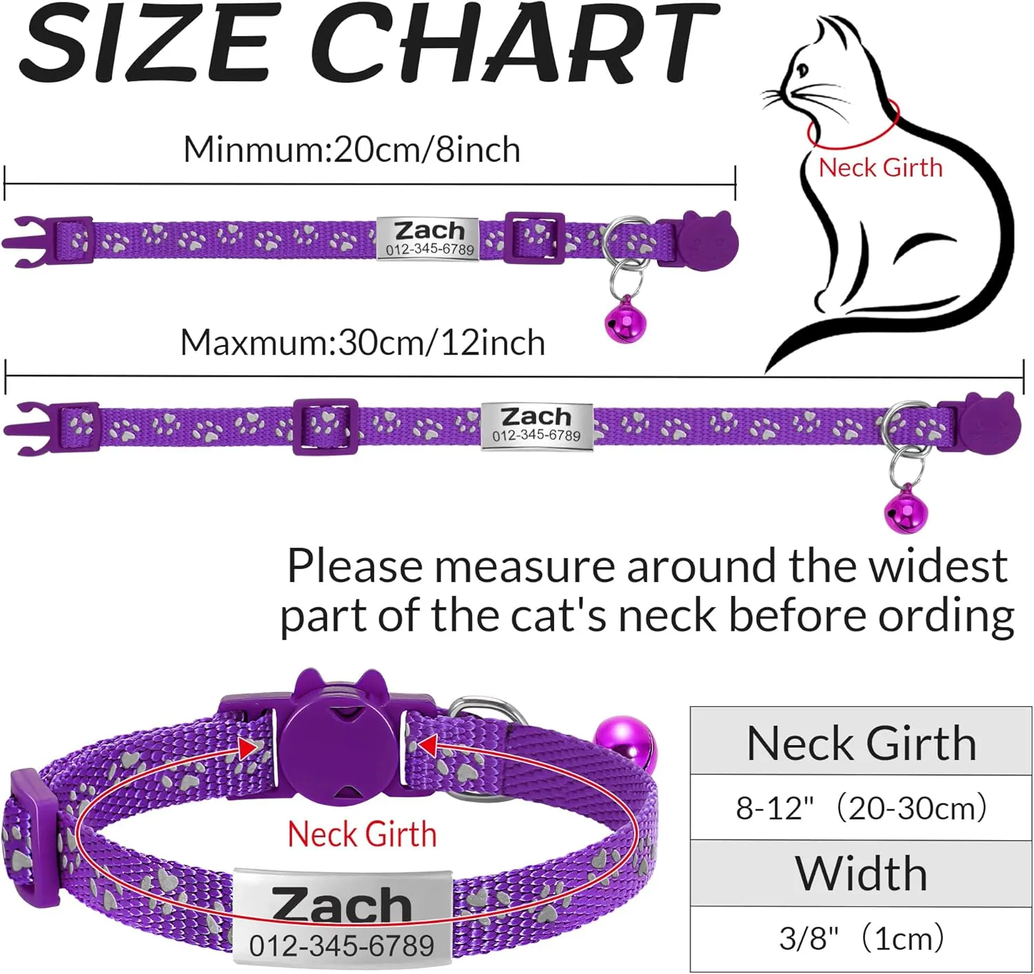 3 Pack Personalized Cat Collar with Name Tag, Custom Reflective Cat Collars Breakaway, Anti-Lost Nameplate Cat Collar with Bell for Boy and Girl Kitten/Cat(Purple)