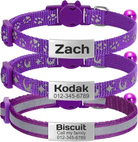 3 Pack Personalized Cat Collar with Name Tag, Custom Reflective Cat Collars Breakaway, Anti-Lost Nameplate Cat Collar with Bell for Boy and Girl Kitten/Cat(Purple)