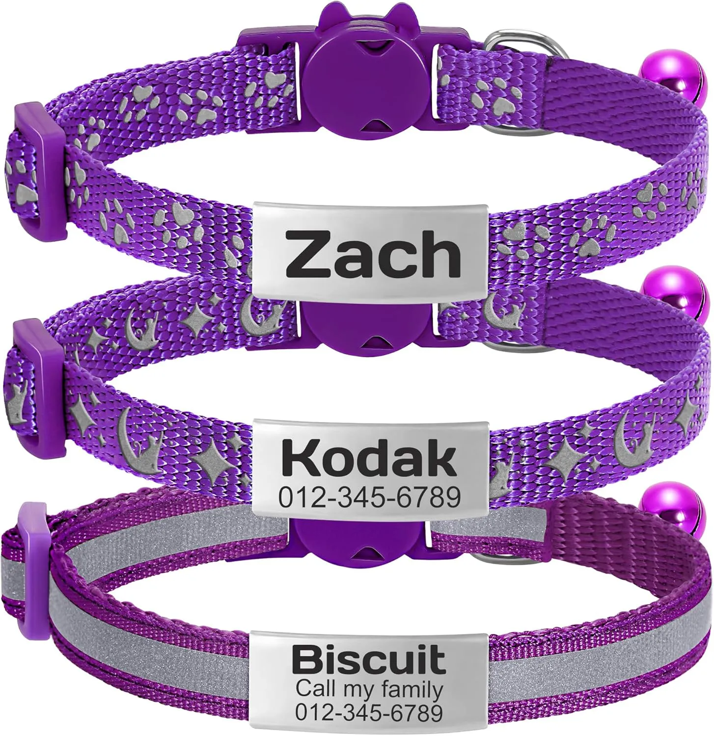 3 Pack Personalized Cat Collar with Name Tag, Custom Reflective Cat Collars Breakaway, Anti-Lost Nameplate Cat Collar with Bell for Boy and Girl Kitten/Cat(Purple)