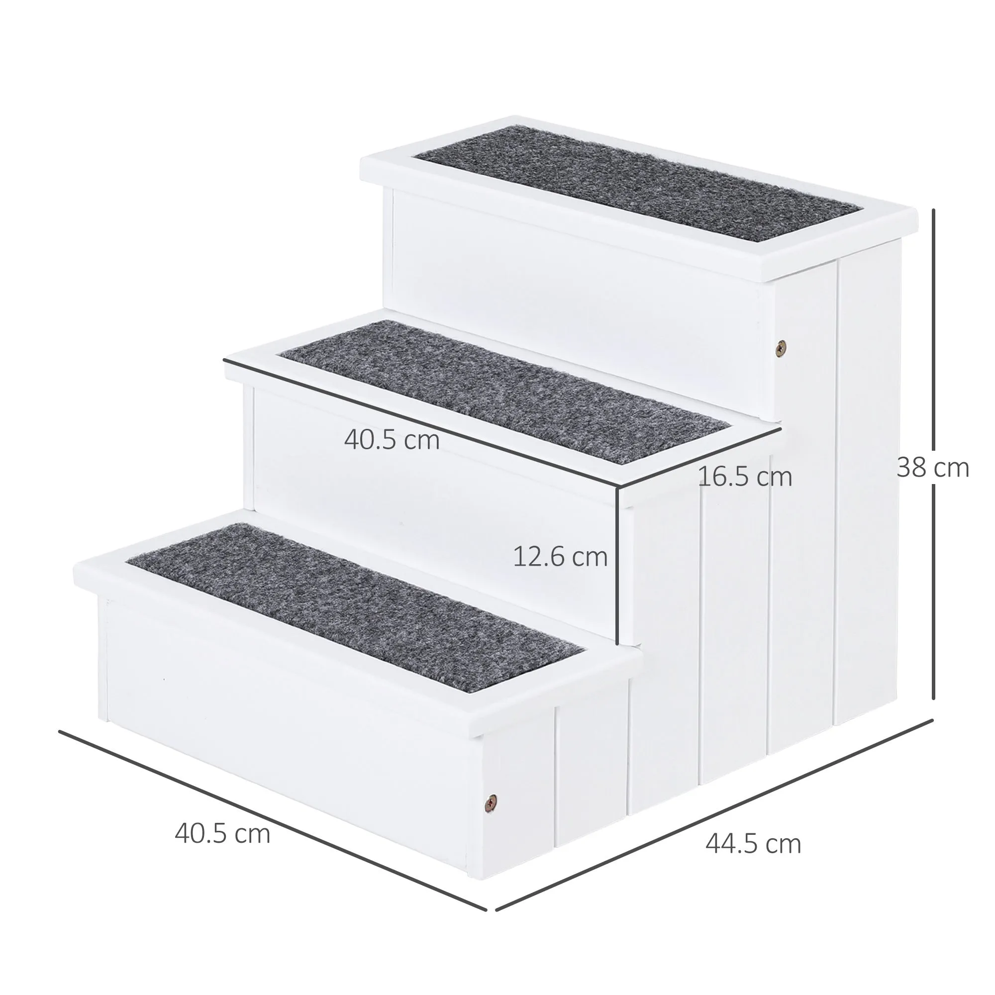 3 Step Wooden Carpeted Pet Stairs Ramp for Cats and Small Dogs with Non-Slip Carpet & Small Footprint White