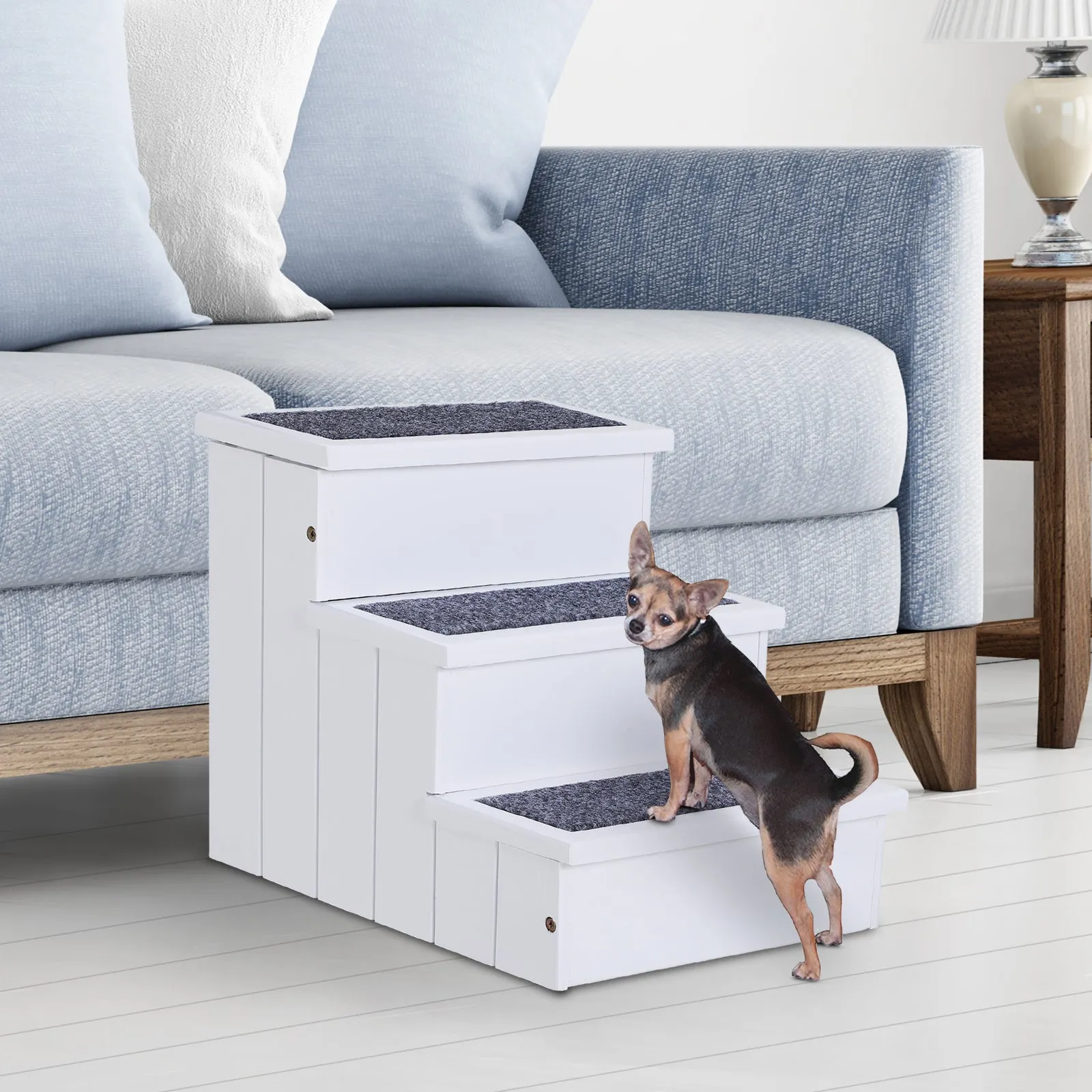 3 Step Wooden Carpeted Pet Stairs Ramp for Cats and Small Dogs with Non-Slip Carpet & Small Footprint White