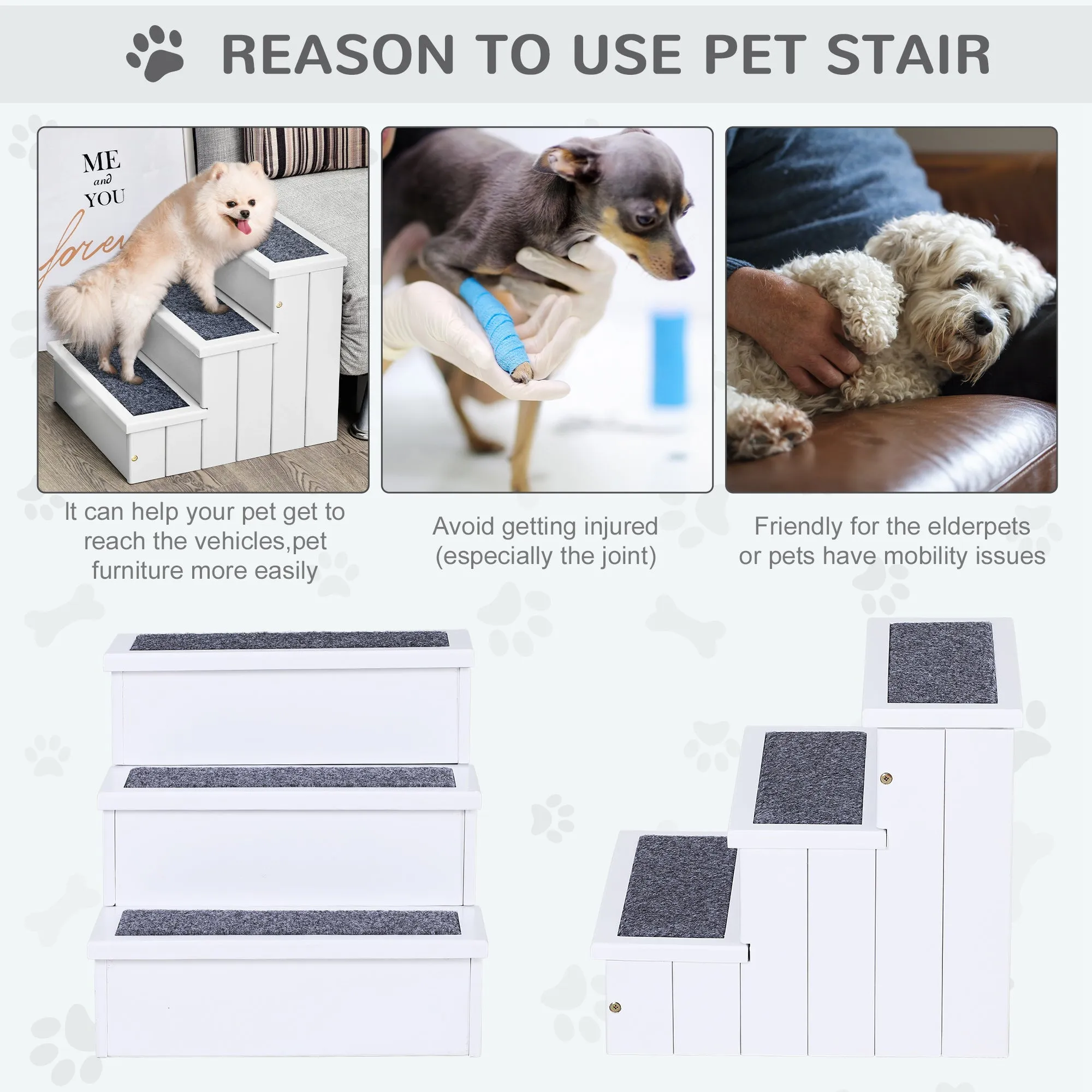 3 Step Wooden Carpeted Pet Stairs Ramp for Cats and Small Dogs with Non-Slip Carpet & Small Footprint White