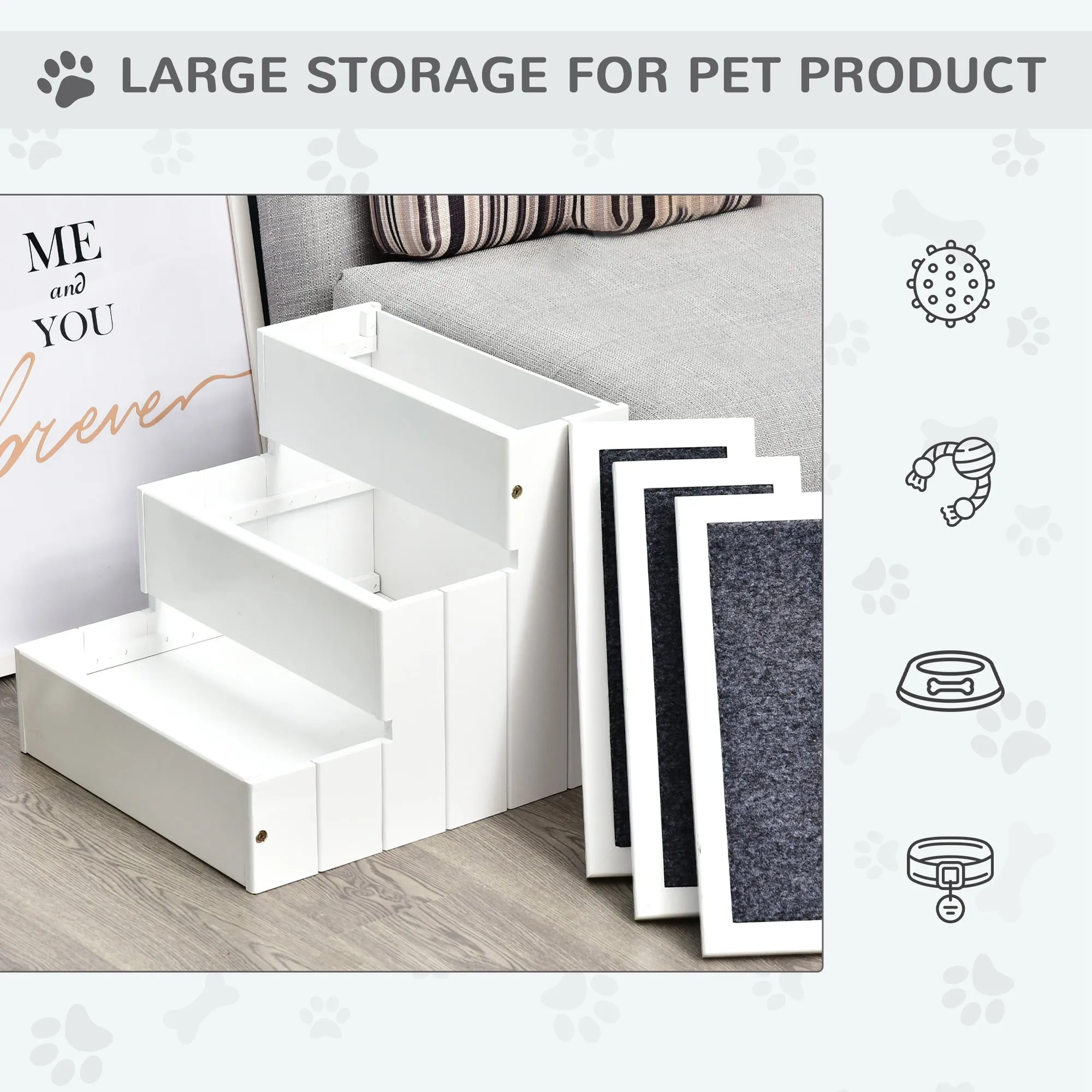 3 Step Wooden Carpeted Pet Stairs Ramp for Cats and Small Dogs with Non-Slip Carpet & Small Footprint White