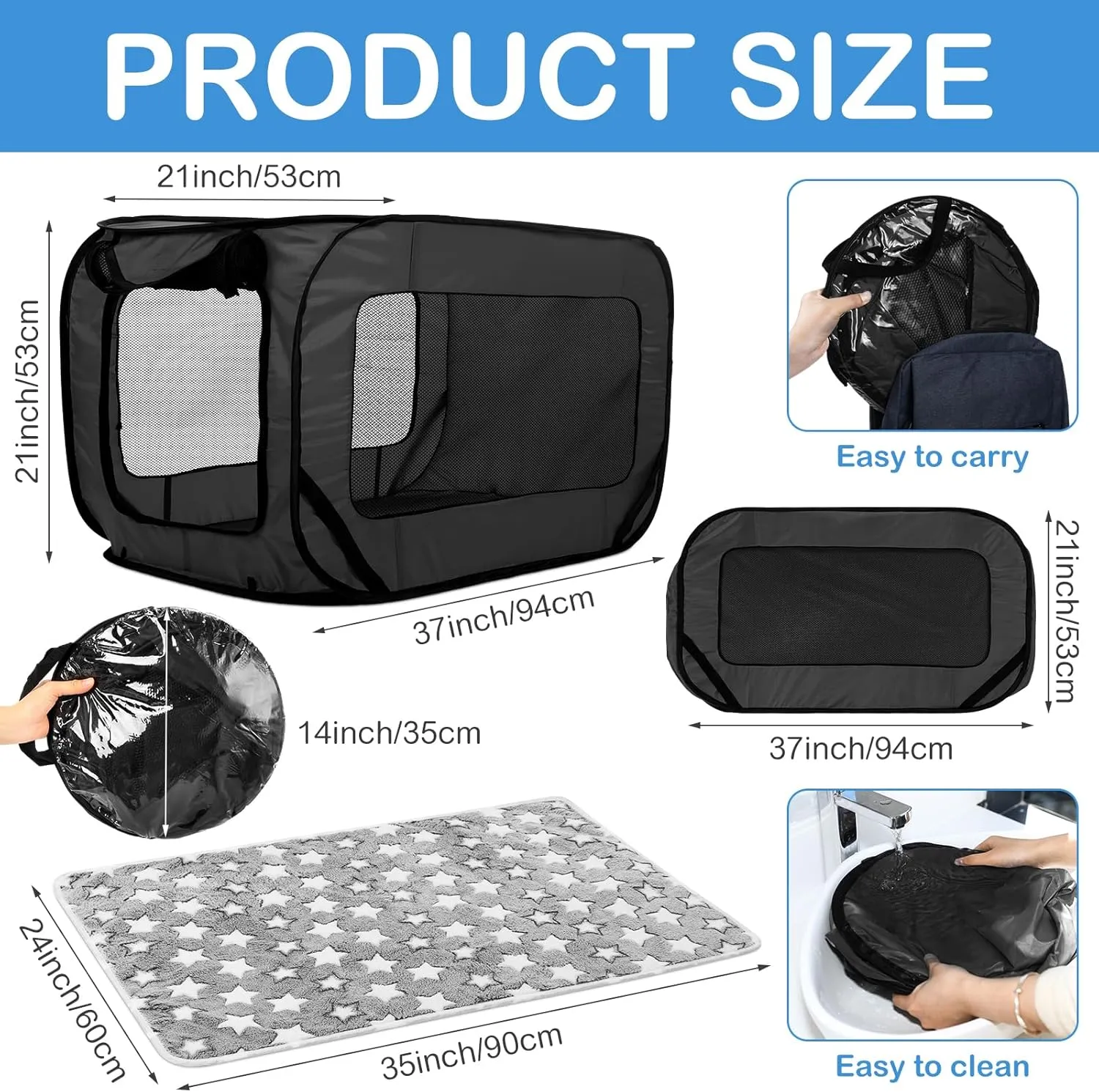 37 Inch Collapsible Dog Crate with Mat Liner Pop up Dog Kennel Waterproof Portable Car Seat Kennel Travel Crate for Pet Indoor Outdoor Cat Bed Collection(Black)