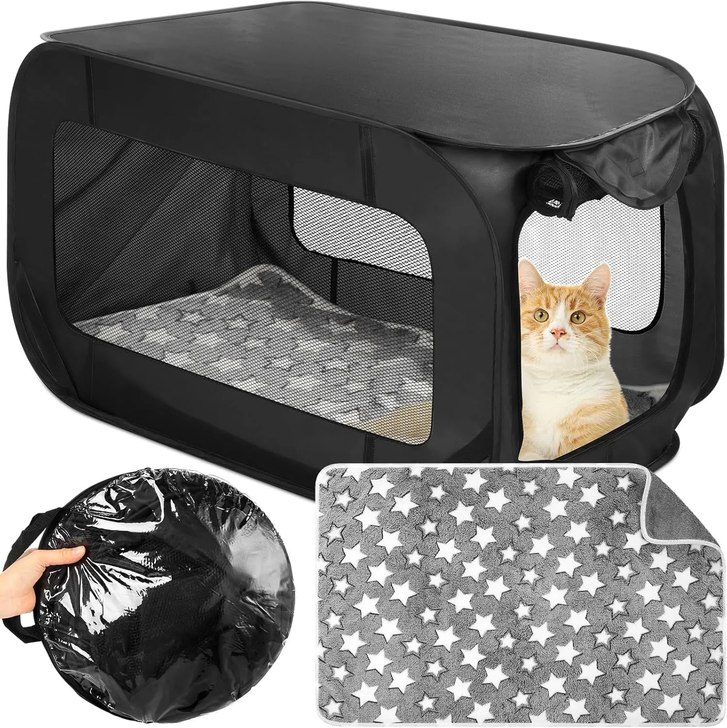 37 Inch Collapsible Dog Crate with Mat Liner Pop up Dog Kennel Waterproof Portable Car Seat Kennel Travel Crate for Pet Indoor Outdoor Cat Bed Collection(Black)