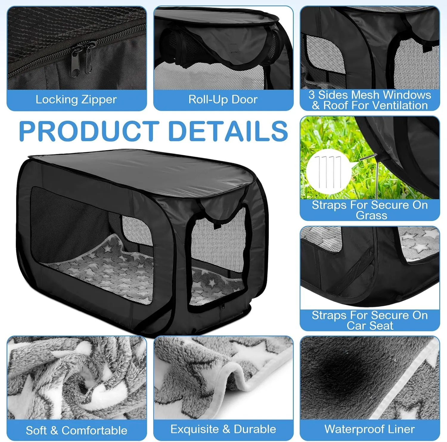37 Inch Collapsible Dog Crate with Mat Liner Pop up Dog Kennel Waterproof Portable Car Seat Kennel Travel Crate for Pet Indoor Outdoor Cat Bed Collection(Black)