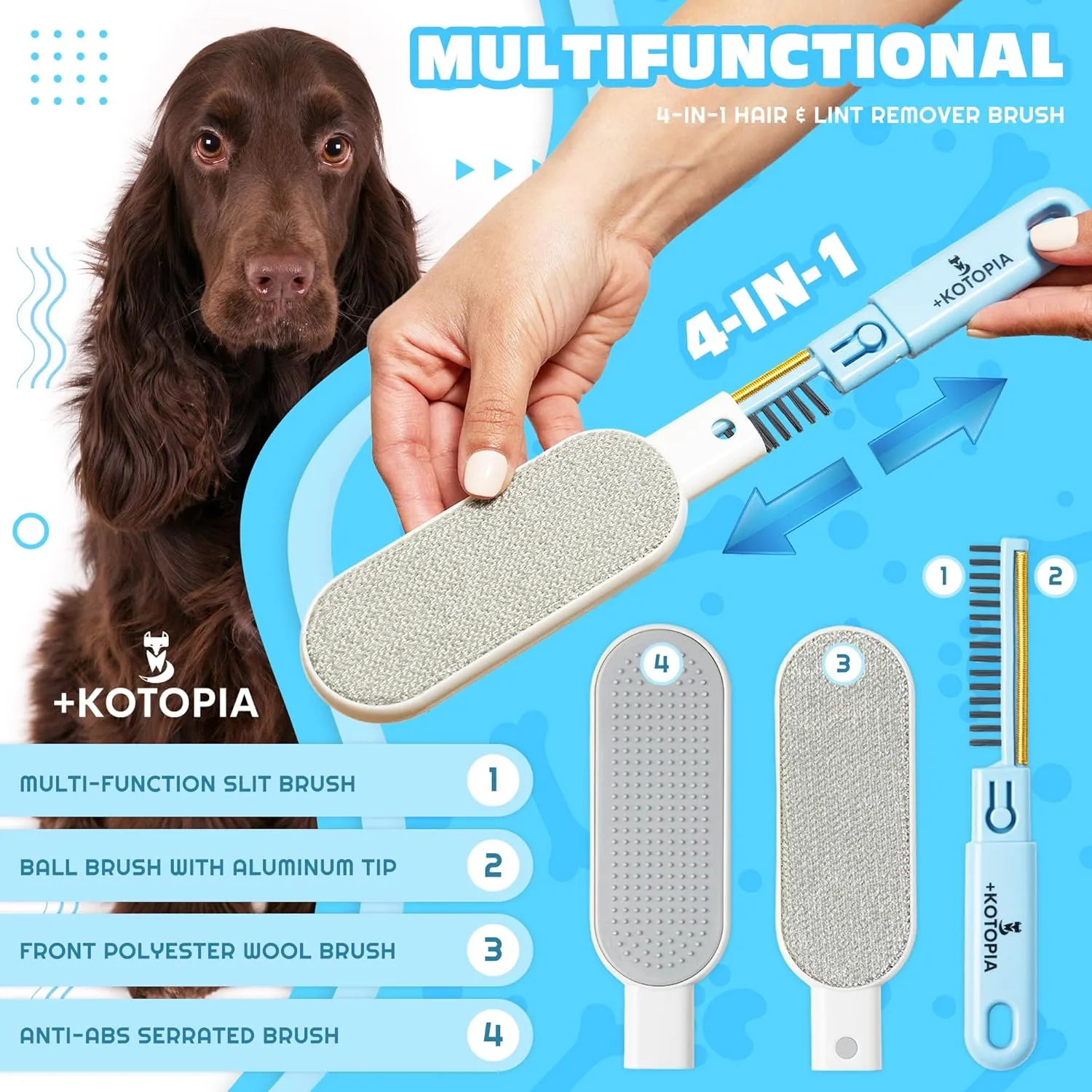 4-in-1 Pet Hair & Lint Remover Brush  Reusable Tool for Removing Pet Hair from Clothes, Furniture, Car Seats & Carpets  Portable & Eco-Friendly (Sky Blue)