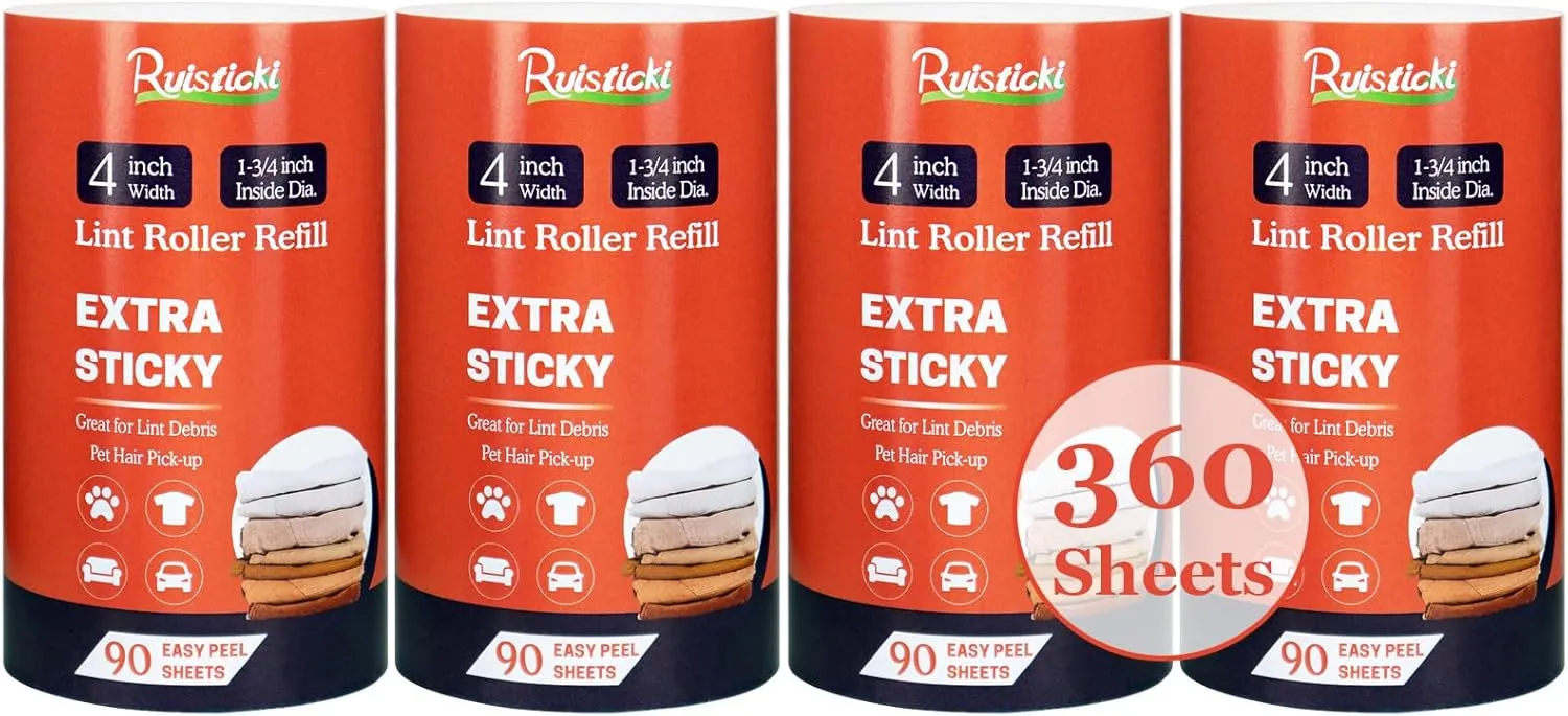 4 inch Lint Roller Refills Only for Scotch Brite, Everyday Clean Lint Roller Refills Pack of 4, Extra Sticky 90 Sheets per Refill, Total 360 Sheets (Inside Dia. 1-3/4 inch)