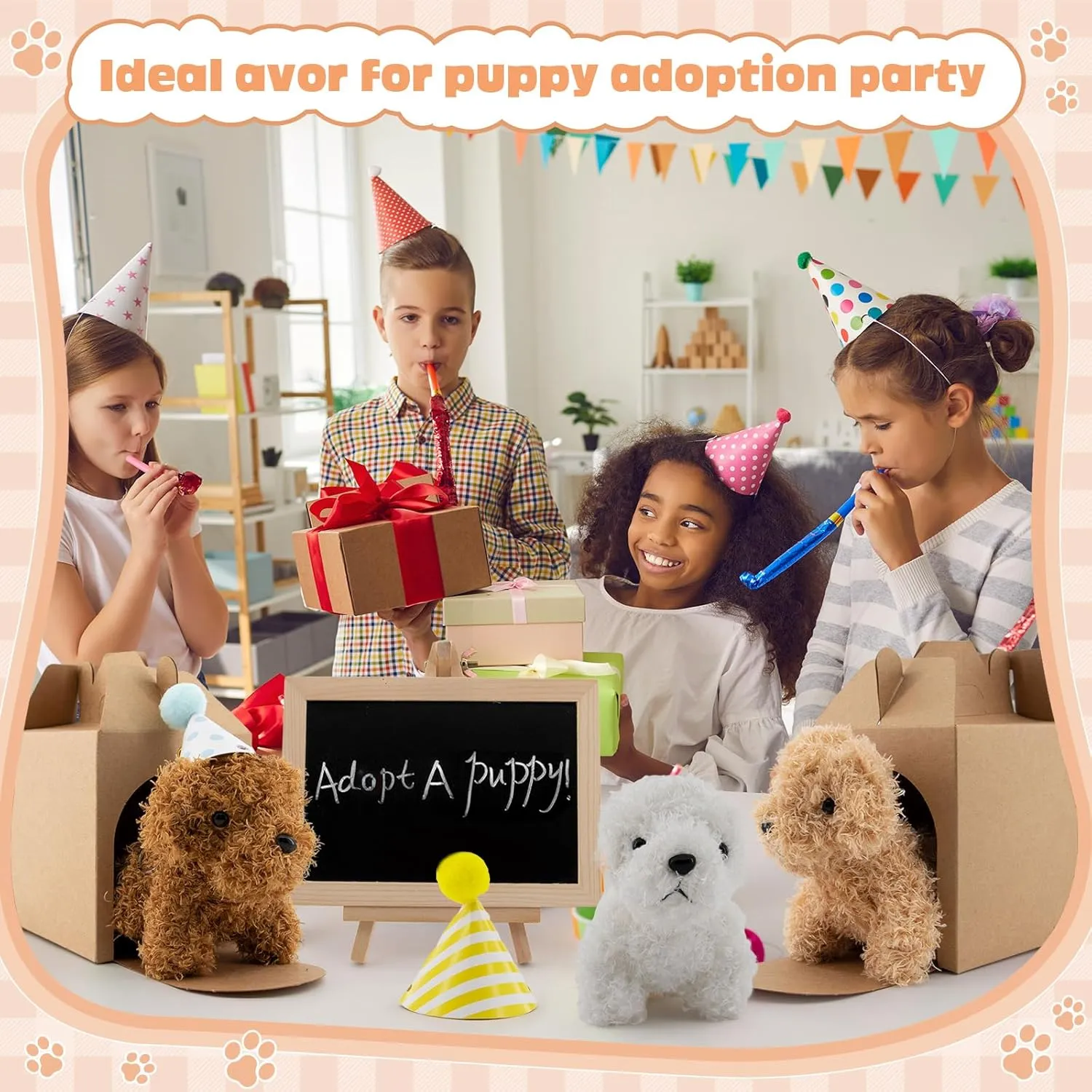 56Pcs Adopt A Puppy Party Favors Mini Plush Stuffed Animals Set Includes 14 Mini Dogs, Birthday Hats, White Plastic Fence with Artificial Lawn for Adopt A Pet Theme Birthday Party