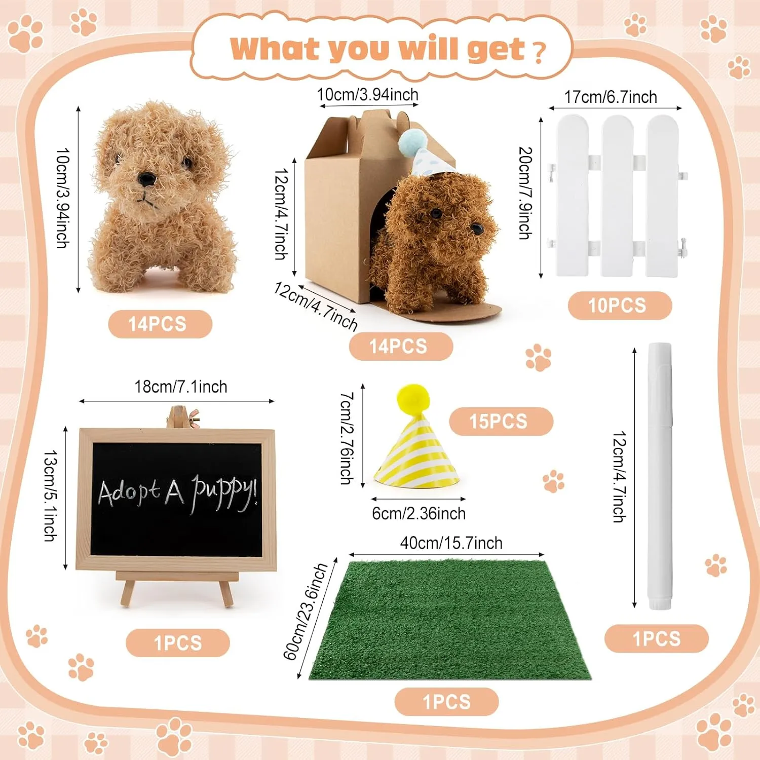 56Pcs Adopt A Puppy Party Favors Mini Plush Stuffed Animals Set Includes 14 Mini Dogs, Birthday Hats, White Plastic Fence with Artificial Lawn for Adopt A Pet Theme Birthday Party
