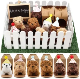 56Pcs Adopt A Puppy Party Favors Mini Plush Stuffed Animals Set Includes 14 Mini Dogs, Birthday Hats, White Plastic Fence with Artificial Lawn for Adopt A Pet Theme Birthday Party