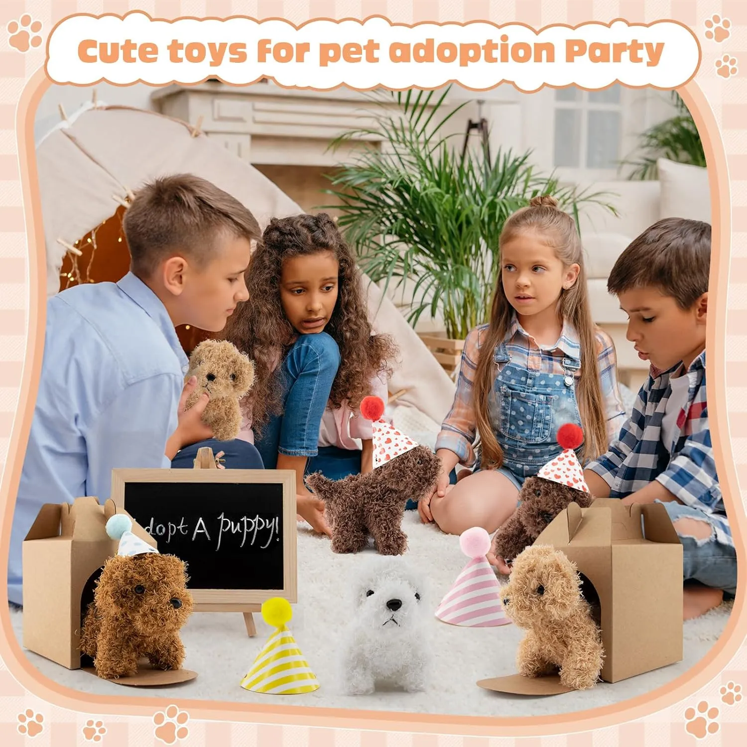56Pcs Adopt A Puppy Party Favors Mini Plush Stuffed Animals Set Includes 14 Mini Dogs, Birthday Hats, White Plastic Fence with Artificial Lawn for Adopt A Pet Theme Birthday Party