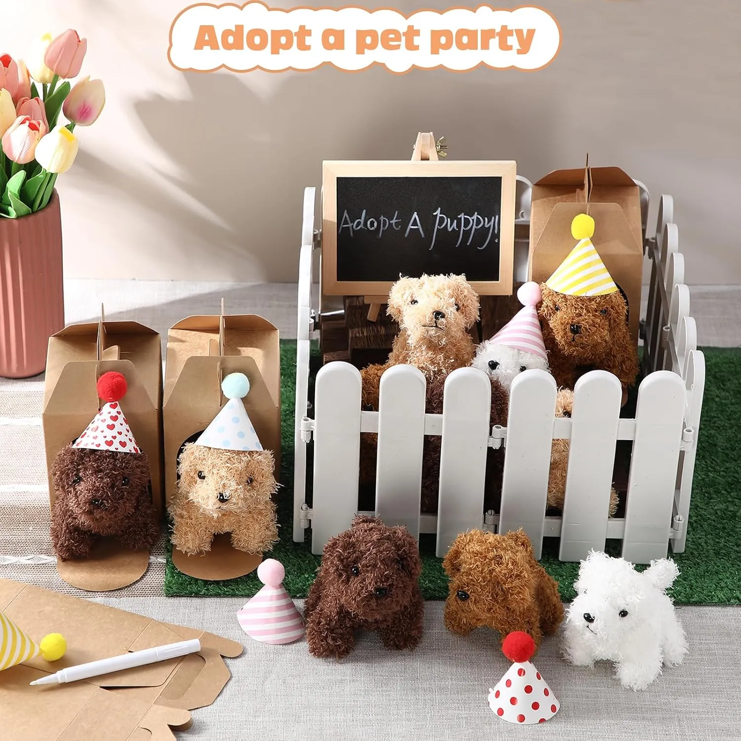 56Pcs Adopt A Puppy Party Favors Mini Plush Stuffed Animals Set Includes 14 Mini Dogs, Birthday Hats, White Plastic Fence with Artificial Lawn for Adopt A Pet Theme Birthday Party