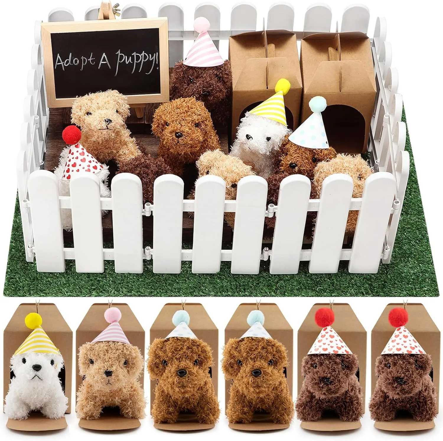 56Pcs Adopt A Puppy Party Favors Mini Plush Stuffed Animals Set Includes 14 Mini Dogs, Birthday Hats, White Plastic Fence with Artificial Lawn for Adopt A Pet Theme Birthday Party