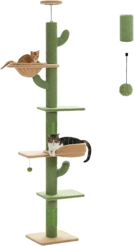 Cactus Cat Tower 5-Tier Floor to Ceiling Cat Tree Height(81-100 Inches) Adjustable, Tall Climbing Tree with Scratching Post and Hammock for Indoor Cats/Kitten