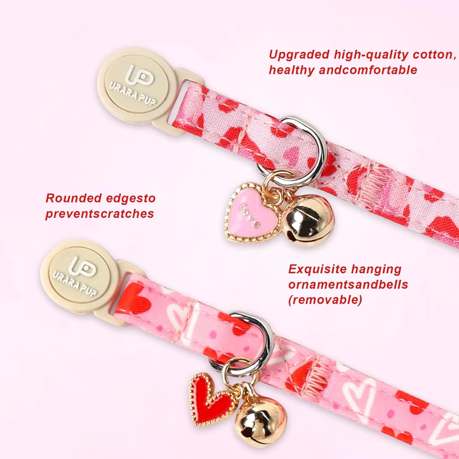 Cat Collar, 2Pack Valentine's Day Kitten Collars Cute Breakaway Cat Collar with Bell, Red Love Heart Pink Hearts Kitty Collars Adjustable Size for Girl and Boy Cats
