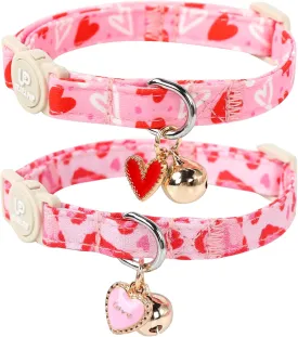 Cat Collar, 2Pack Valentine's Day Kitten Collars Cute Breakaway Cat Collar with Bell, Red Love Heart Pink Hearts Kitty Collars Adjustable Size for Girl and Boy Cats