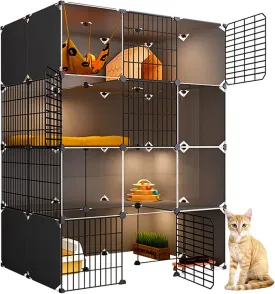 Cat House Indoor Litter Box Furniture Large, Cat Cages Indoor XL, Cat House, Transparent Design, Double-Layer Weighted Platform, Easy to Assemble The Cattery 11,A-111x75x147
