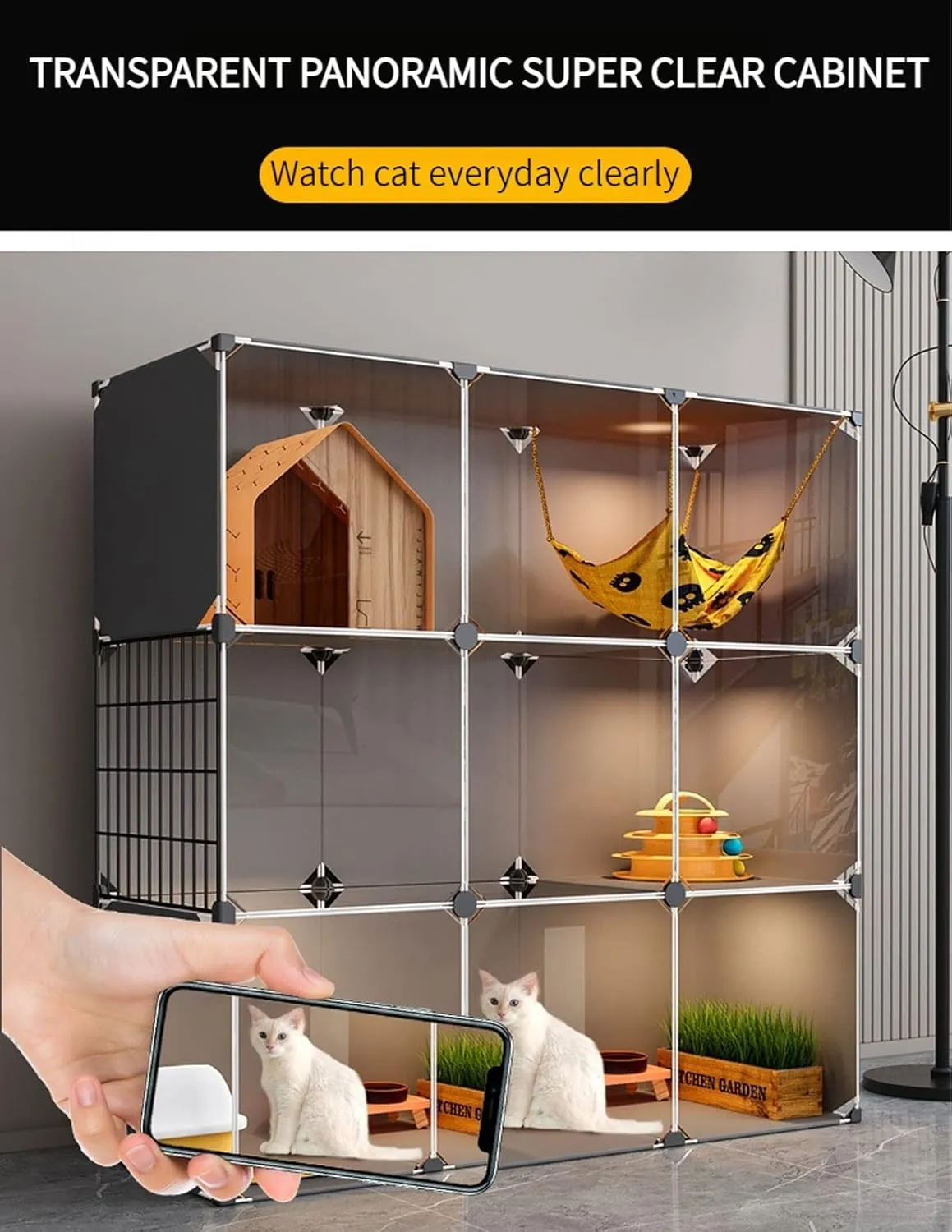 Cat House Indoor Litter Box Furniture Large, Cat Cages Indoor XL, Cat House, Transparent Design, Double-Layer Weighted Platform, Easy to Assemble The Cattery 11,A-111x75x147