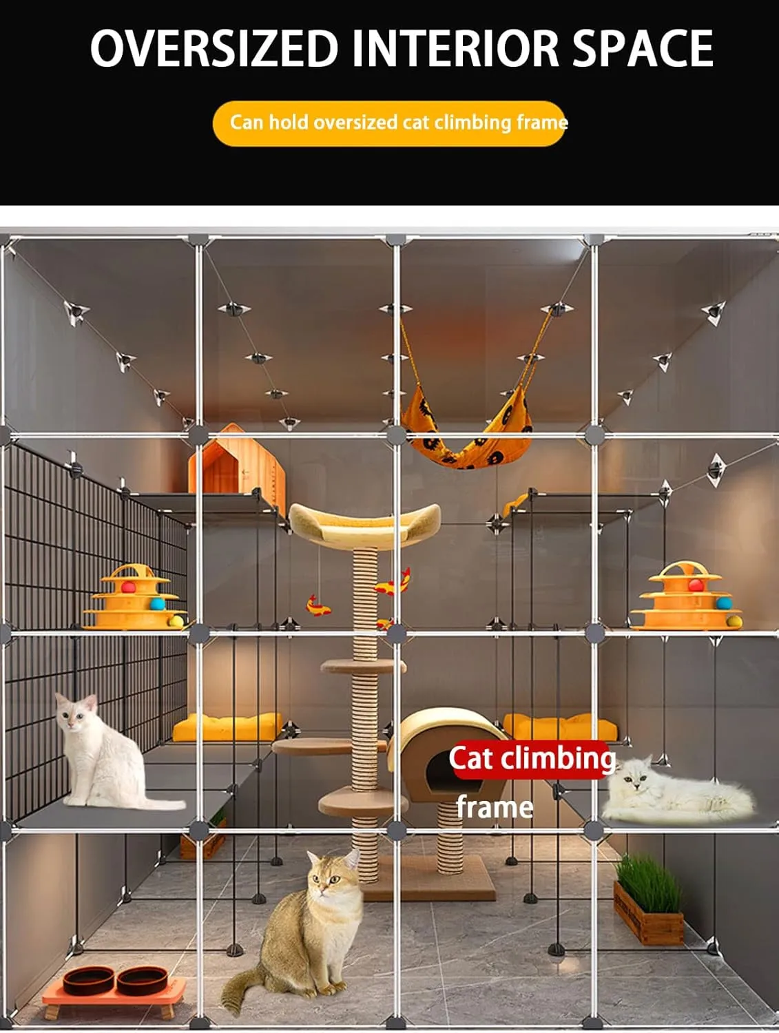 Cat House Indoor Litter Box Furniture Large, Cat Cages Indoor XL, Cat House, Transparent Design, Double-Layer Weighted Platform, Easy to Assemble The Cattery 11,A-111x75x147