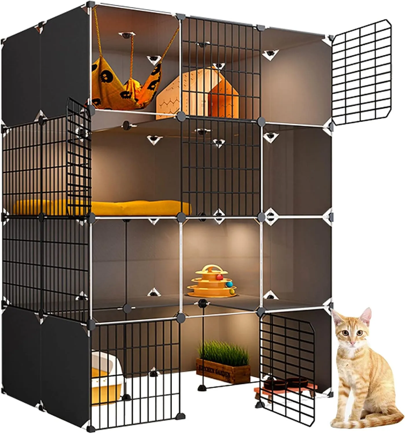 Cat House Indoor Litter Box Furniture Large, Cat Cages Indoor XL, Cat House, Transparent Design, Double-Layer Weighted Platform, Easy to Assemble The Cattery 11,A-111x75x147