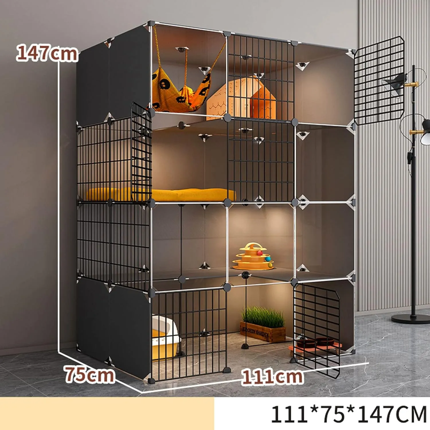 Cat House Indoor Litter Box Furniture Large, Cat Cages Indoor XL, Cat House, Transparent Design, Double-Layer Weighted Platform, Easy to Assemble The Cattery 11,A-111x75x147