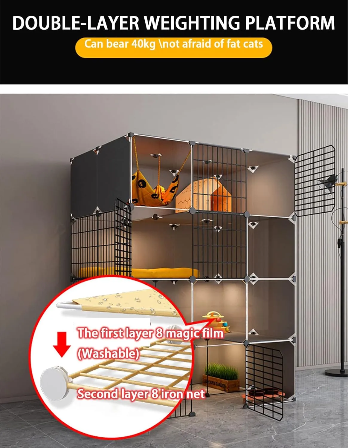 Cat House Indoor Litter Box Furniture Large, Cat Cages Indoor XL, Cat House, Transparent Design, Double-Layer Weighted Platform, Easy to Assemble The Cattery 11,A-111x75x147