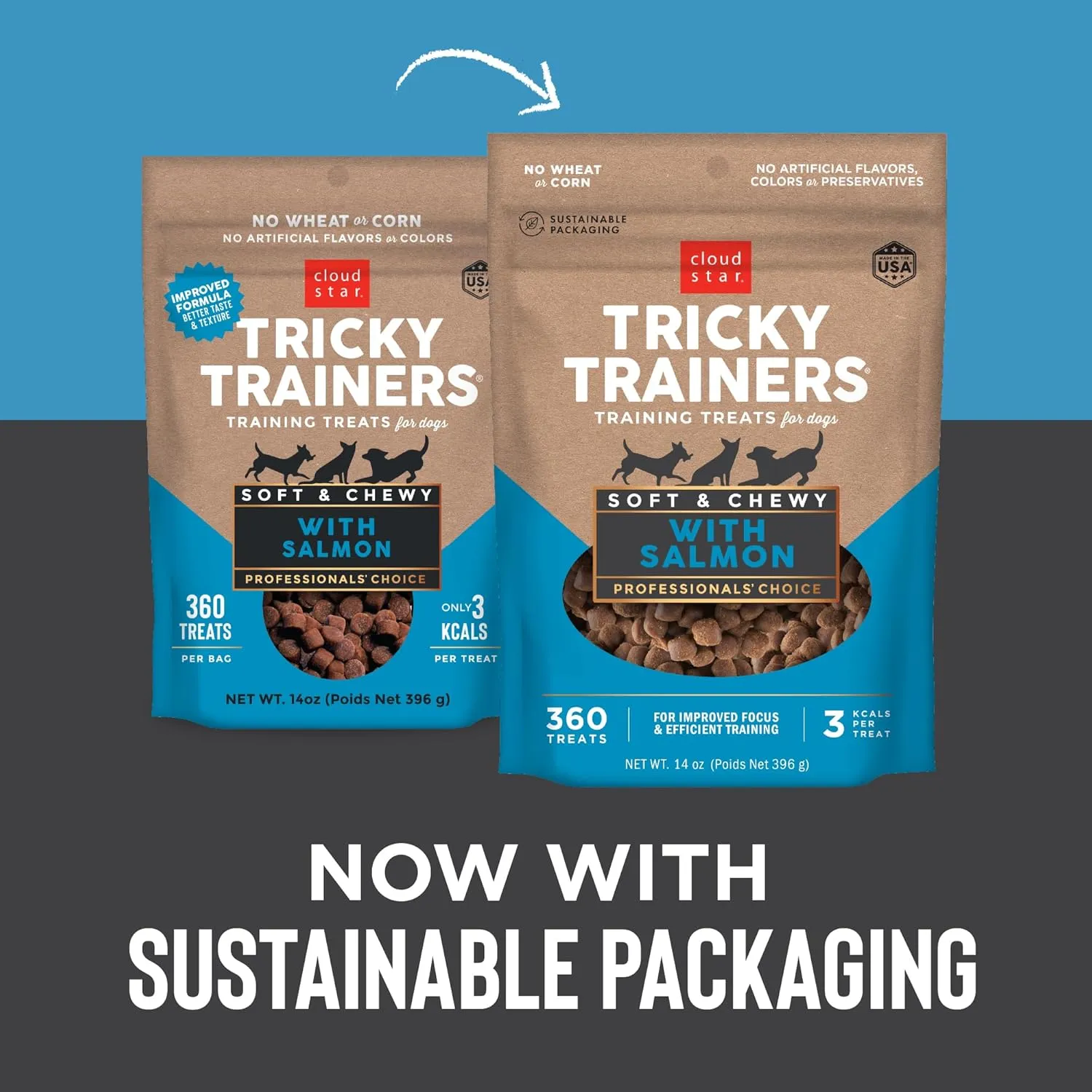 Cloud Star Tricky Trainers Soft & Chewy Dog Training Treats 14 oz. Pouch, Salmon Flavor, Low Calorie Behavior Aid with 360 Treats