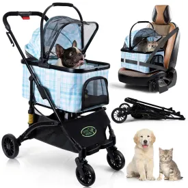 Collapsible Pet Stroller with Suspension for Small/Medium Cats/Dogs. 3 in 1 Folding Stroller with Phone/Bottle Holder and Rain Cover, Car Seat and Storage Basket