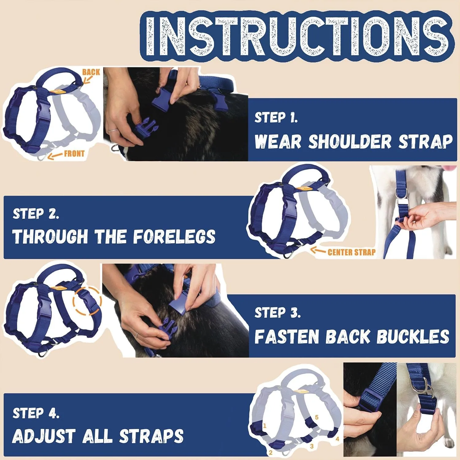 DF Freedom No Pull Martingale Dog Harness, Ease Grip Safety Control Handle, Escape-Proof 5 Point Customizable Fit Harness with Front & Back Clip, Easy Walking & Training, Navy Blue, Chest 22"-28"
