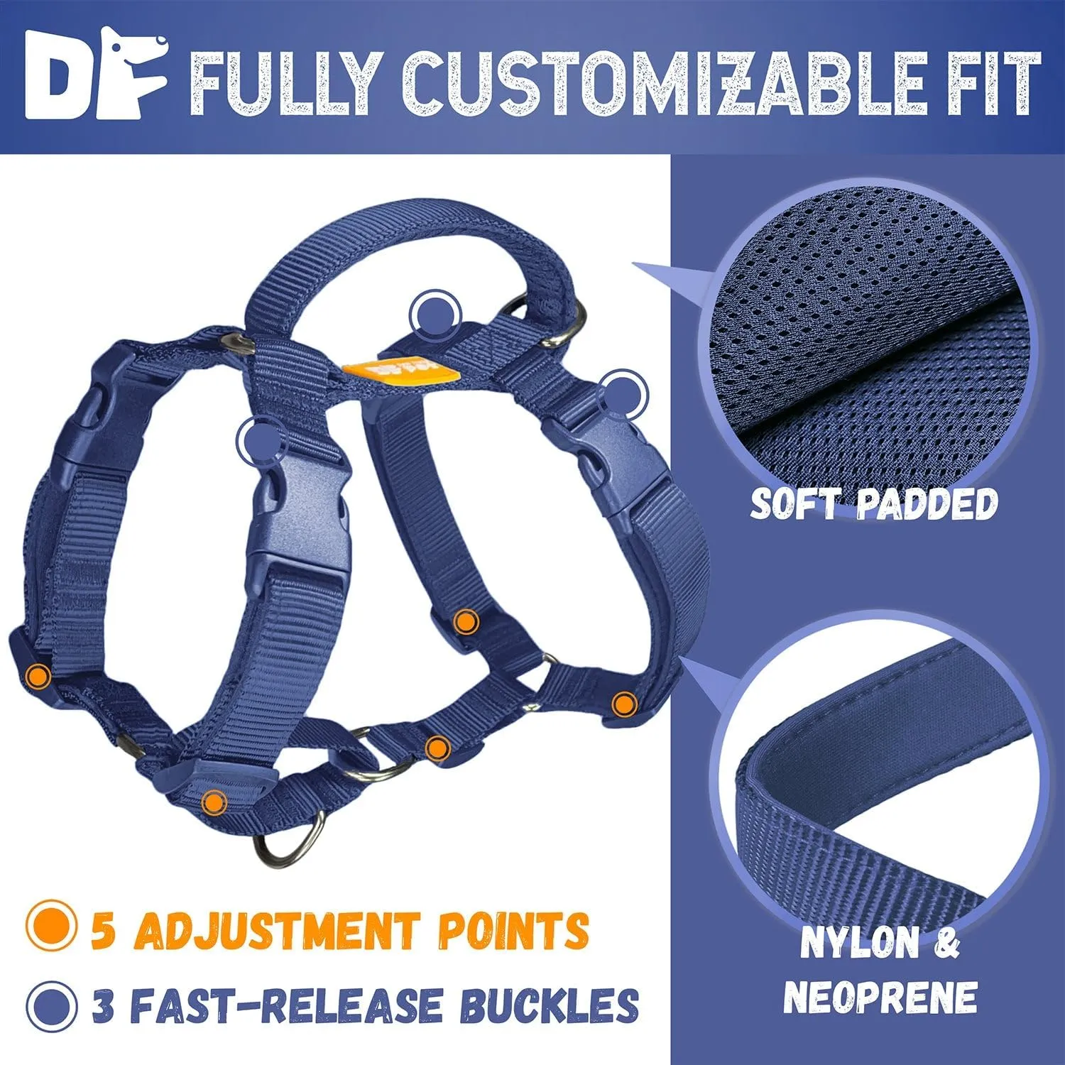 DF Freedom No Pull Martingale Dog Harness, Ease Grip Safety Control Handle, Escape-Proof 5 Point Customizable Fit Harness with Front & Back Clip, Easy Walking & Training, Navy Blue, Chest 22"-28"
