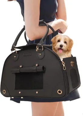 Dog Carrier, Cat Carrier, Pet Carrier, Foldable Premium PU Leather Dog Purse, Portable Tote Bag Carrier for Small to Medium Cats and Small DogsBlack-Medium