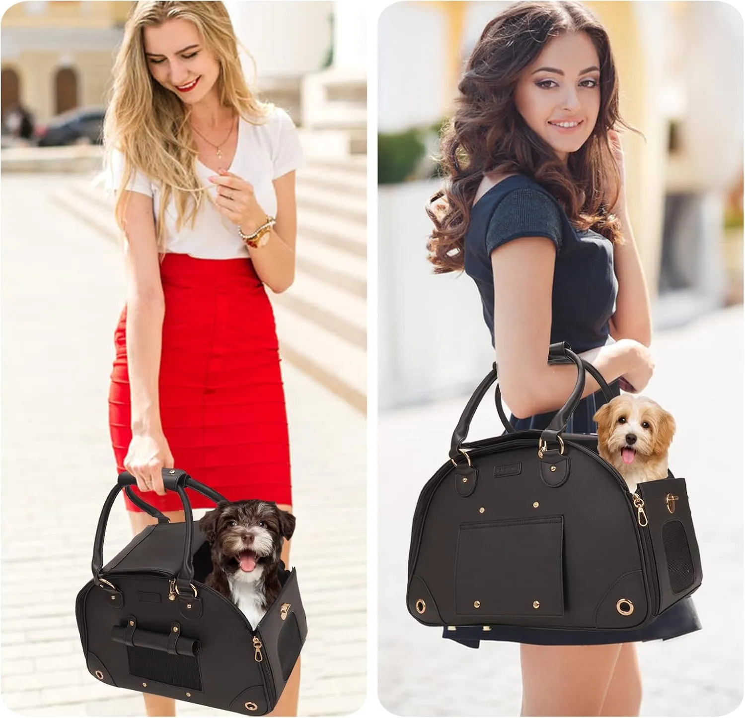 Dog Carrier, Cat Carrier, Pet Carrier, Foldable Premium PU Leather Dog Purse, Portable Tote Bag Carrier for Small to Medium Cats and Small DogsBlack-Medium