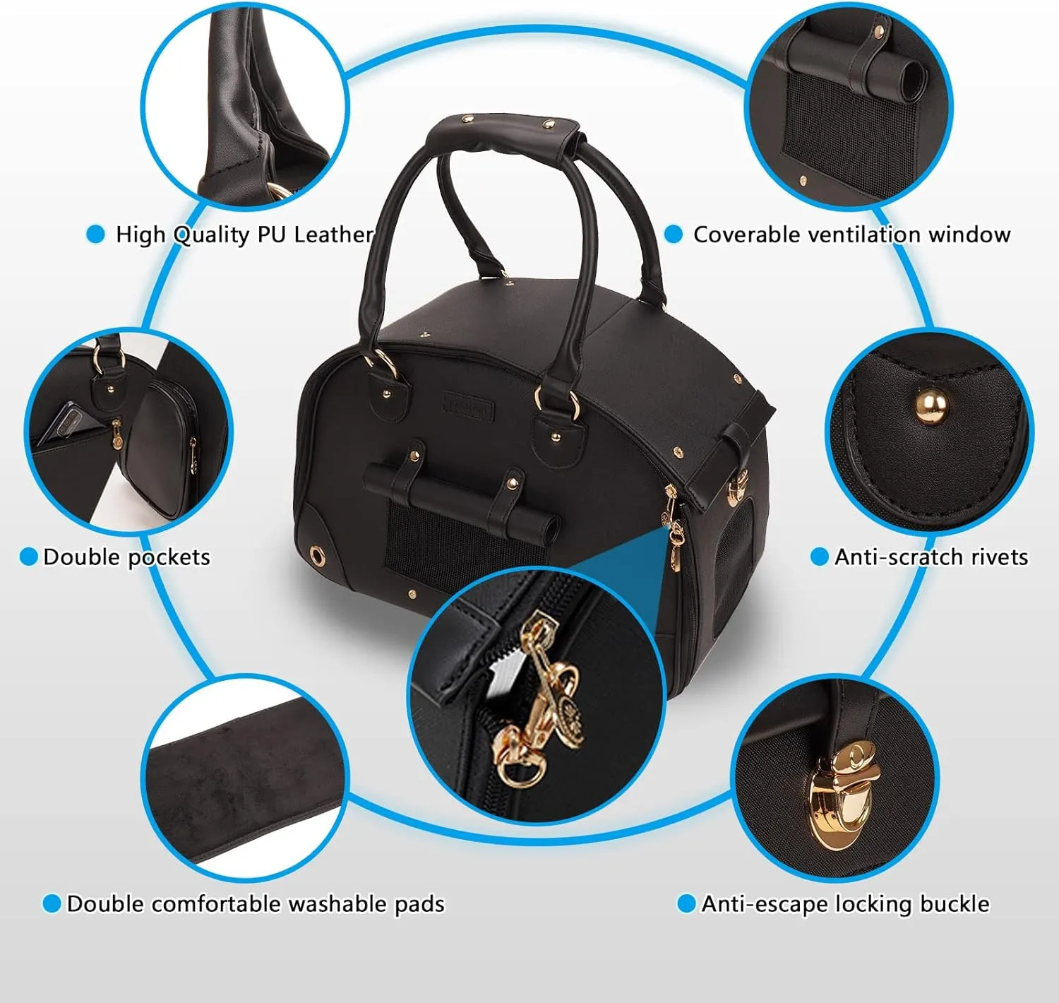 Dog Carrier, Cat Carrier, Pet Carrier, Foldable Premium PU Leather Dog Purse, Portable Tote Bag Carrier for Small to Medium Cats and Small DogsBlack-Medium