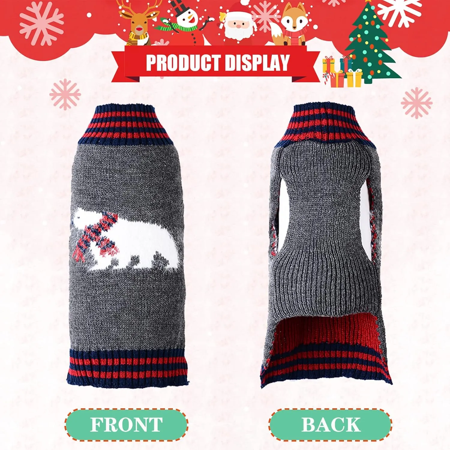 Dog Christmas Sweater Holiday Clothes for Dogs Girl Boy Fall Winter Knitted Soft Warm Puppy Clothing Cute Polar Bear Pet Outfit Ugly Xmas Sweater for Small Medium Large Dogs Cats(M,Grey)