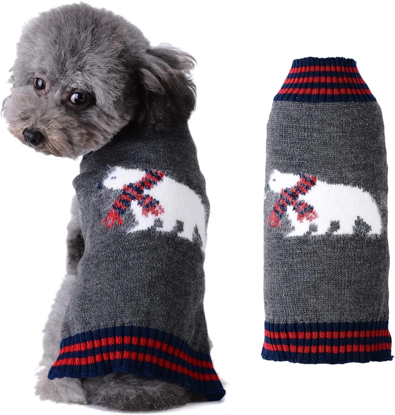 Dog Christmas Sweater Holiday Clothes for Dogs Girl Boy Fall Winter Knitted Soft Warm Puppy Clothing Cute Polar Bear Pet Outfit Ugly Xmas Sweater for Small Medium Large Dogs Cats(M,Grey)